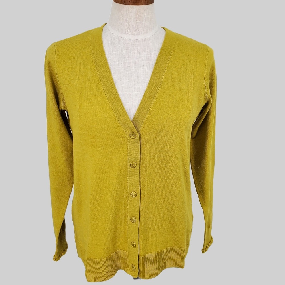 Candace Cameron Bure V-Neck Cardigan Sweater Women XXS Golden Olive Green Yellow
